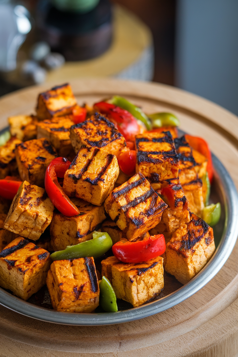 Photo prompt: An indoor platter of grilled tofu cubes coated in tikka spices, interlaced with bell-pepper pieces, slight char marks visible. No text or logos.