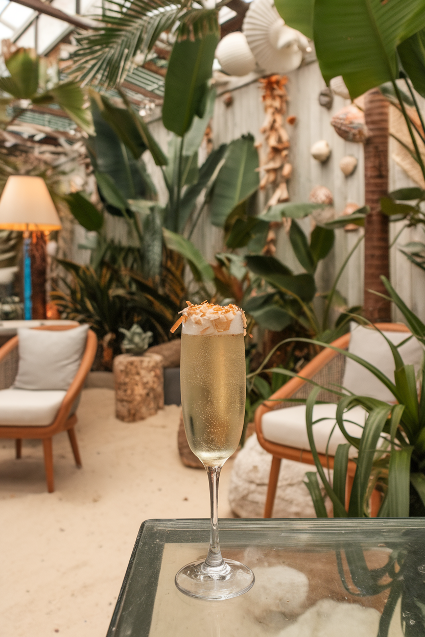 An indoor beach-themed bar featuring a flute of pale gold Champagne with flaked toasted coconut on the rim. Photo, not illustration. No text or logos.