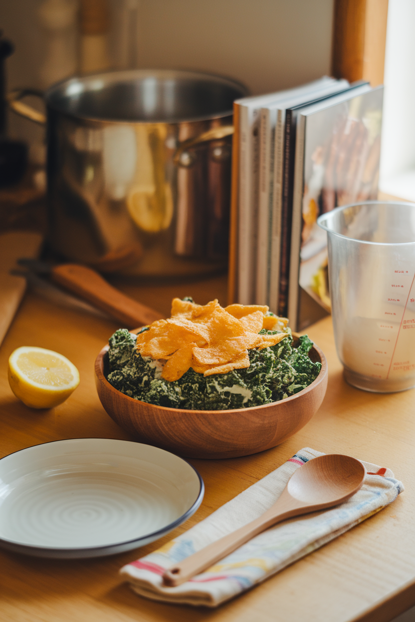 A warmly lit indoor kitchen table with a wooden bowl of kale Caesar salad topped with golden Parmesan crisps and a lemon wedge. No text or logos. Photo.