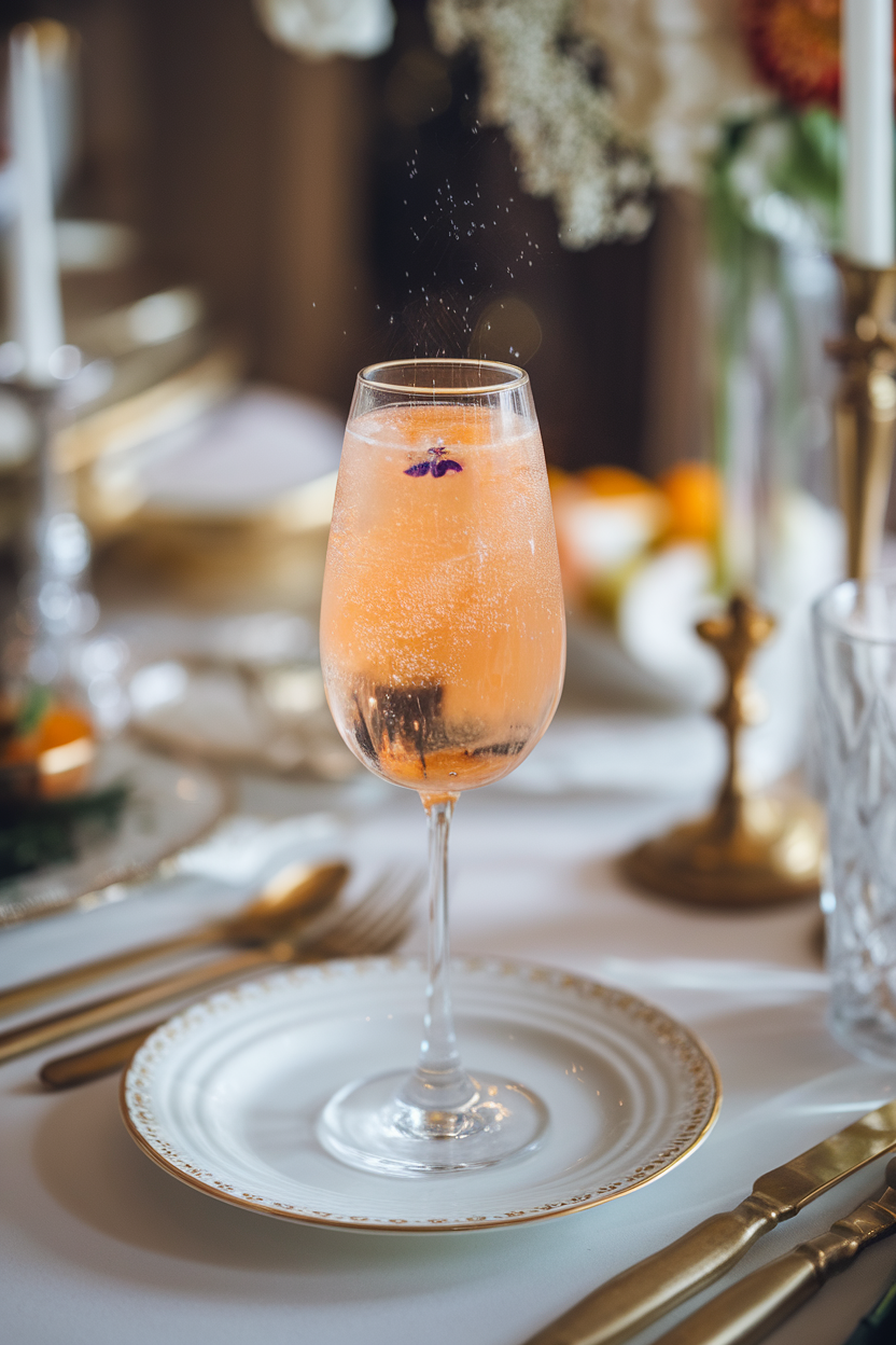 Indoor photo of flute with pale orange spritzer, tiny edible flower floating, fine bubbles rising; elegant festive table; no text or logos.