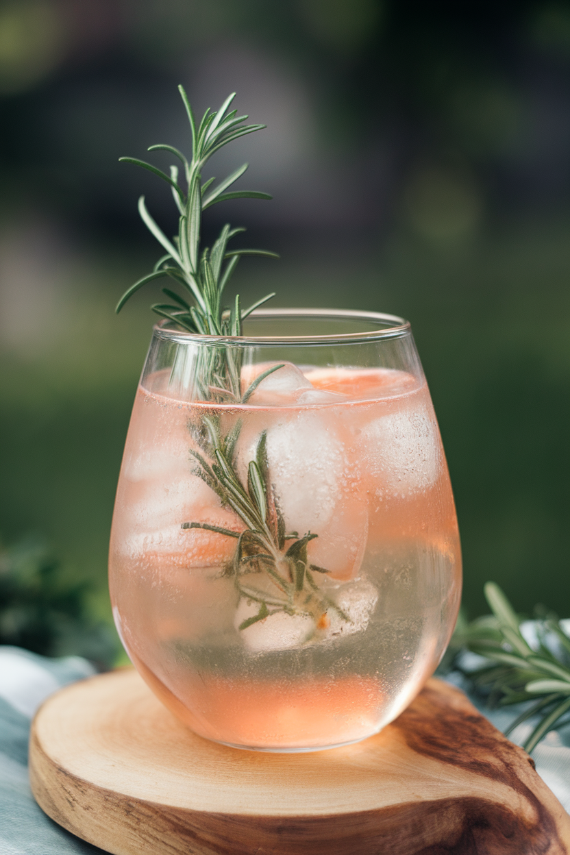 Indoor photo of a stemless wine glass with pale pink grapefruit spritzer, a sprig of rosemary standing tall, small ice cubes glistening; no text or logos.