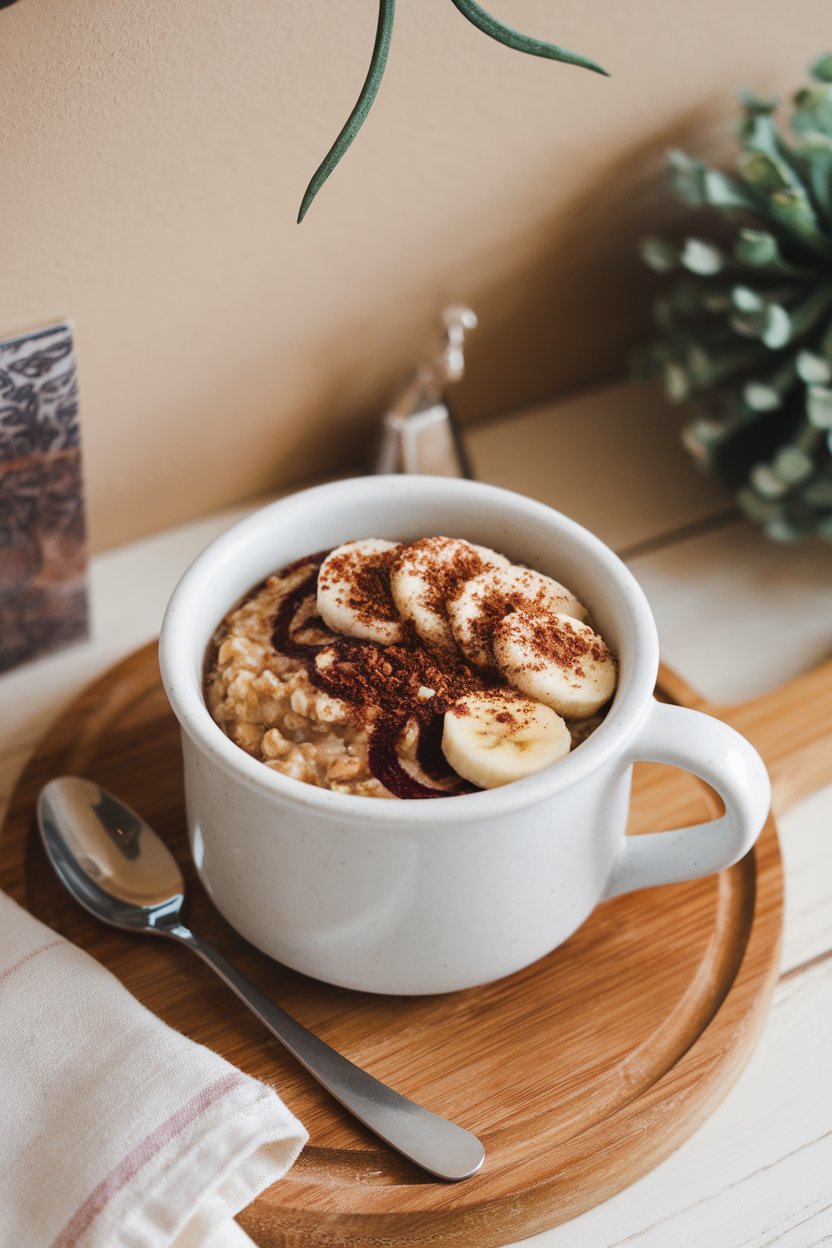 Indoor coffee corner featuring oatmeal with espresso swirl, banana coins, and cacao dusting. No text or logos. Photo.