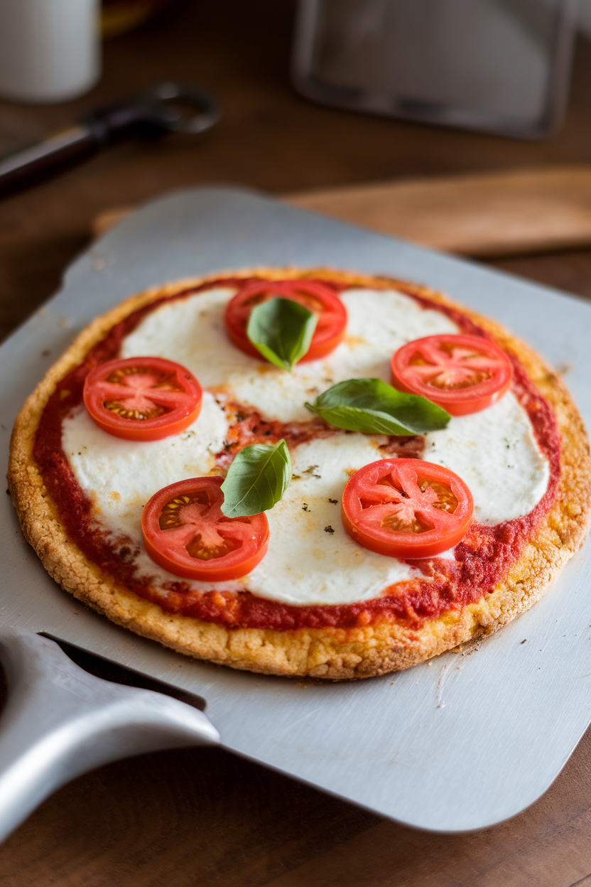 An indoor pizza peel presenting a round cauliflower crust pizza topped with melted mozzarella, tomato slices, and basil leaves. No text or logos present. Photo, not illustration.