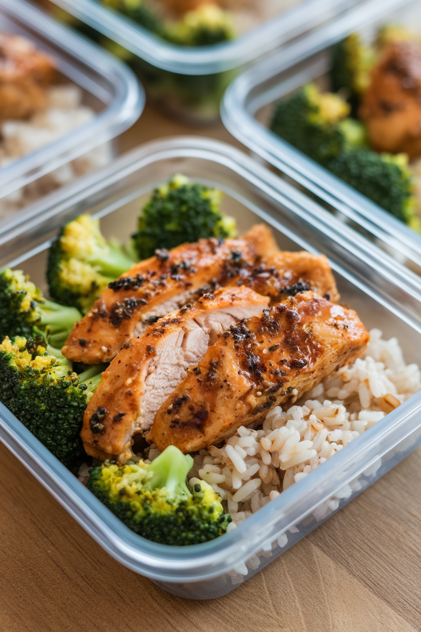 Indoor photo of meal-prep containers with cooked chicken strips, broccoli florets, and brown rice, light soy glaze; no text or logos