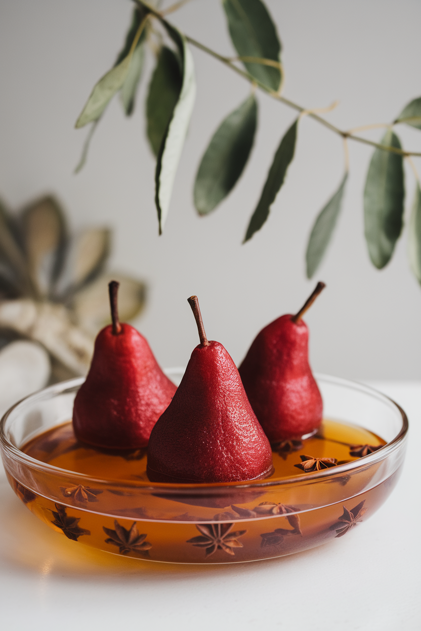 A shallow indoor dish with ruby red poached pears standing upright in syrup, star anise visible. Photo, no text or logos.