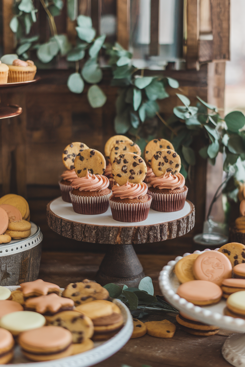 Photo of indoor cookie-bar scene with cupcakes crowned by mini chocolate chip cookies stuck in frosting, no text or logos.