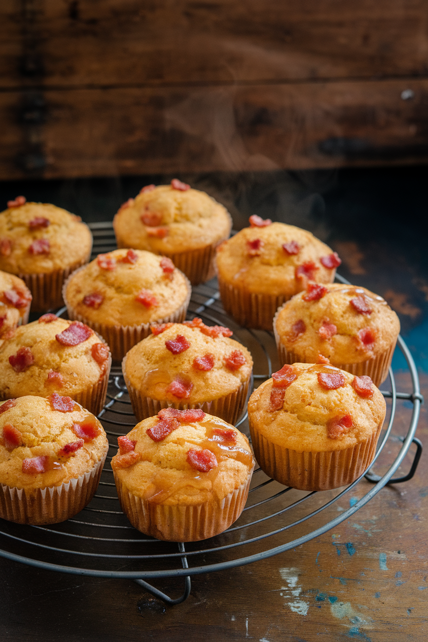 Indoor scene with a wire rack holding cornbread muffins studded with bacon bits and brushed with maple syrup, steam visible. No text or logos.