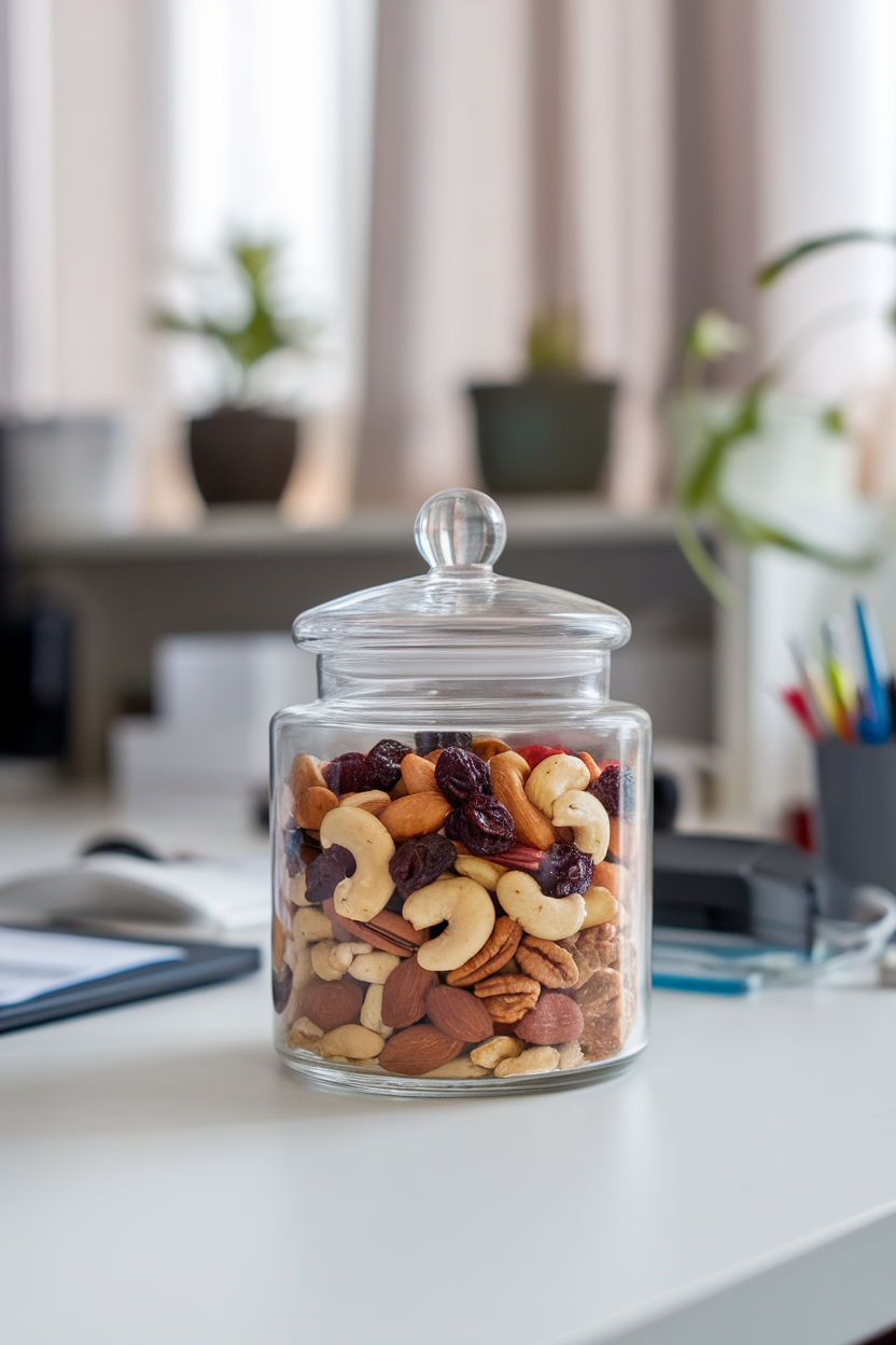 A clear glass container of mixed nuts and dried fruit sitting front-and-center on an indoor office desk. No text or logos. Photo, not illustration.