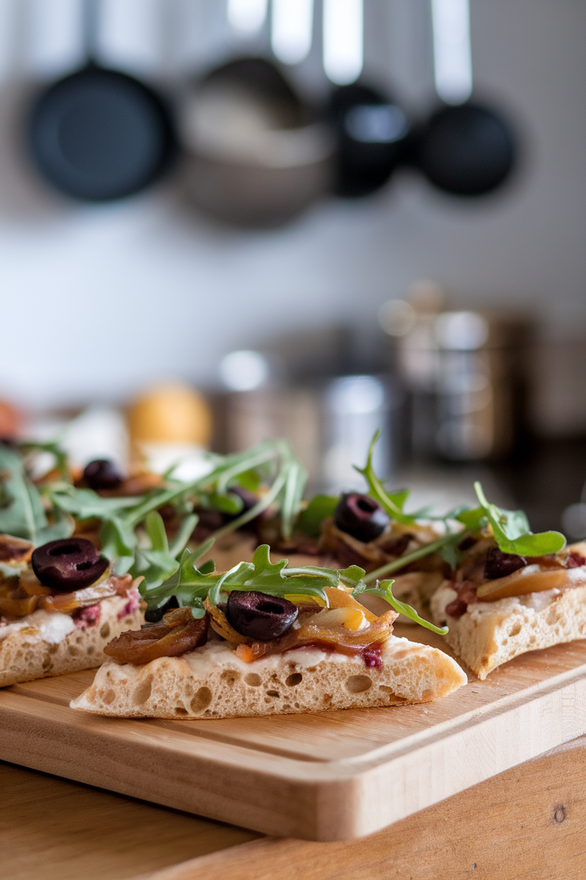 An indoor cutting board holding sliced flatbread topped with caramelized onions, olives, and a scatter of arugula; no text or logos.