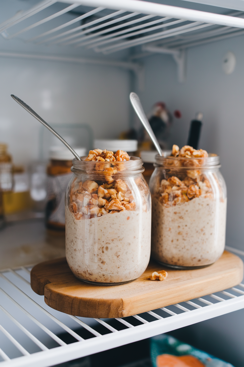 Indoor fridge shelf with jars of carrot cake overnight oats topped with crushed walnuts. No text or logos visible.