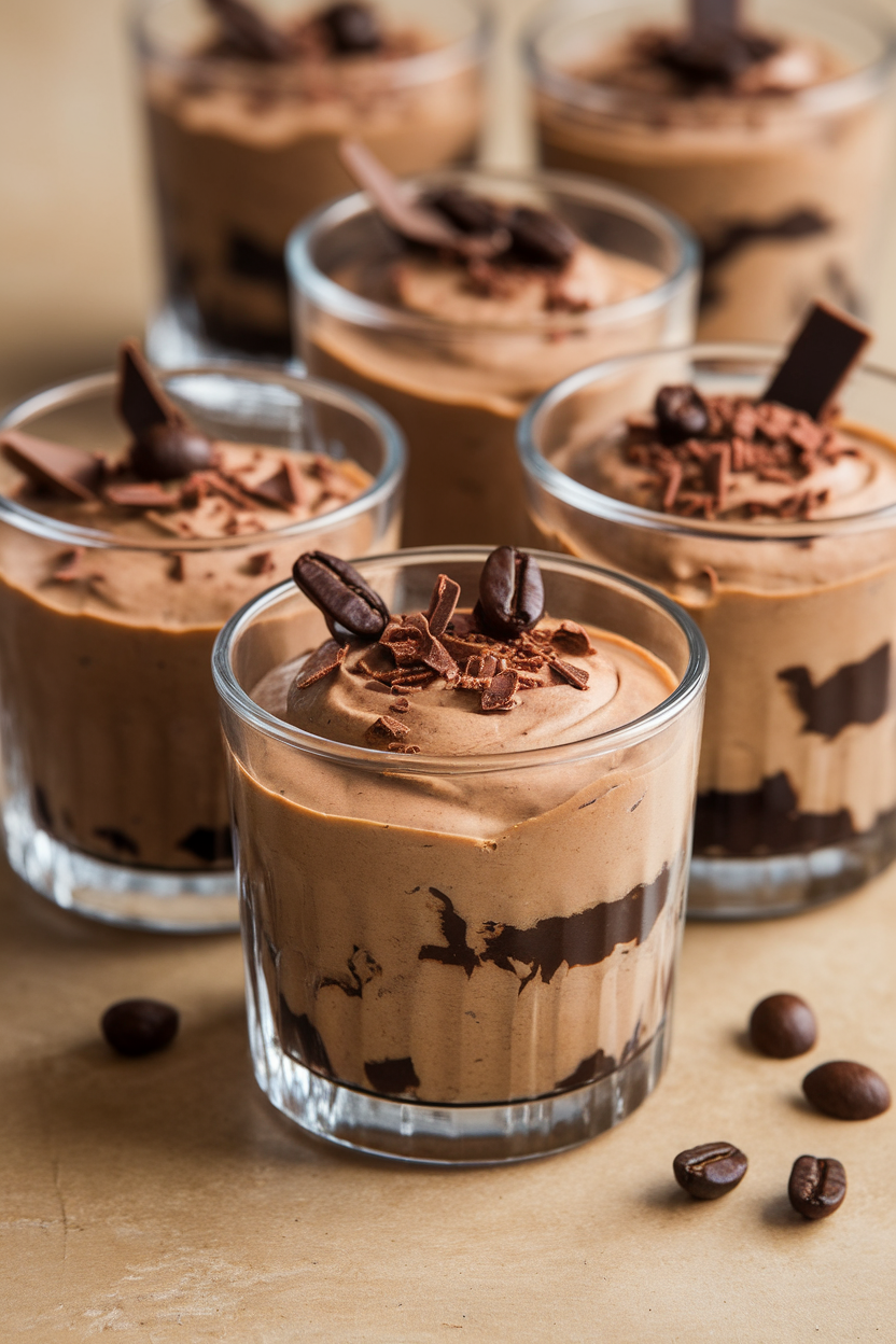 Indoor photo of clear glasses filled with fluffy chocolate coffee mousse, topped with a few coffee beans and shaved chocolate. No text or logos.