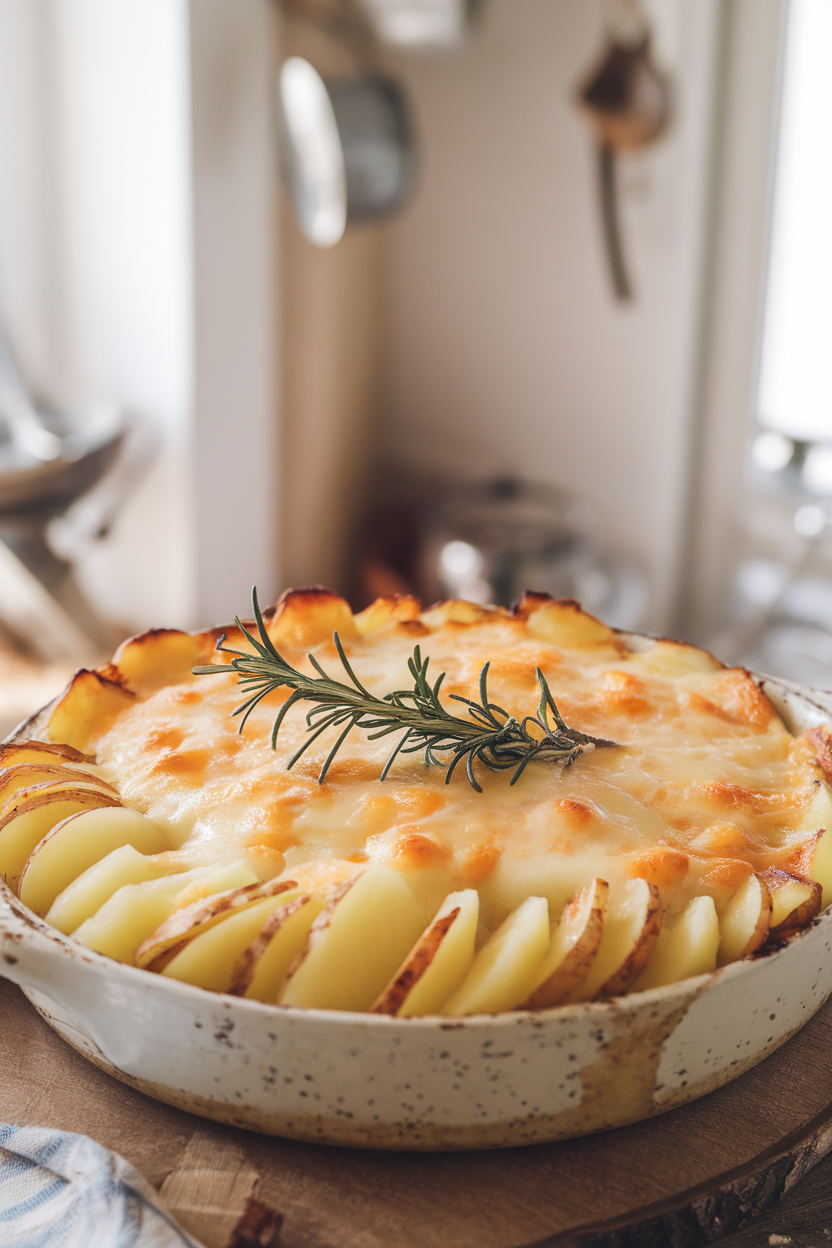Indoor photo of sliced potatoes layered in cream with melted Gruyère bubbling on top in a gratin dish. No text or logos.