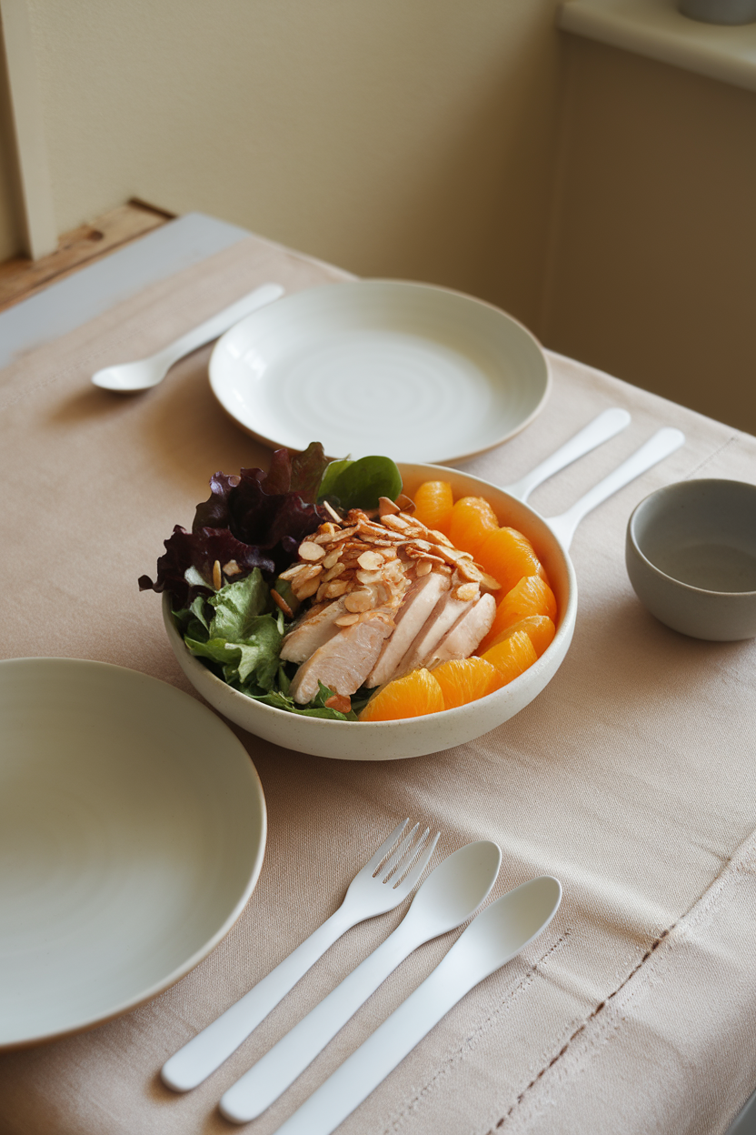 Indoor breakfast table with a bowl of mixed greens, orange segments, sliced chicken, and toasted almond slivers — no text or logos