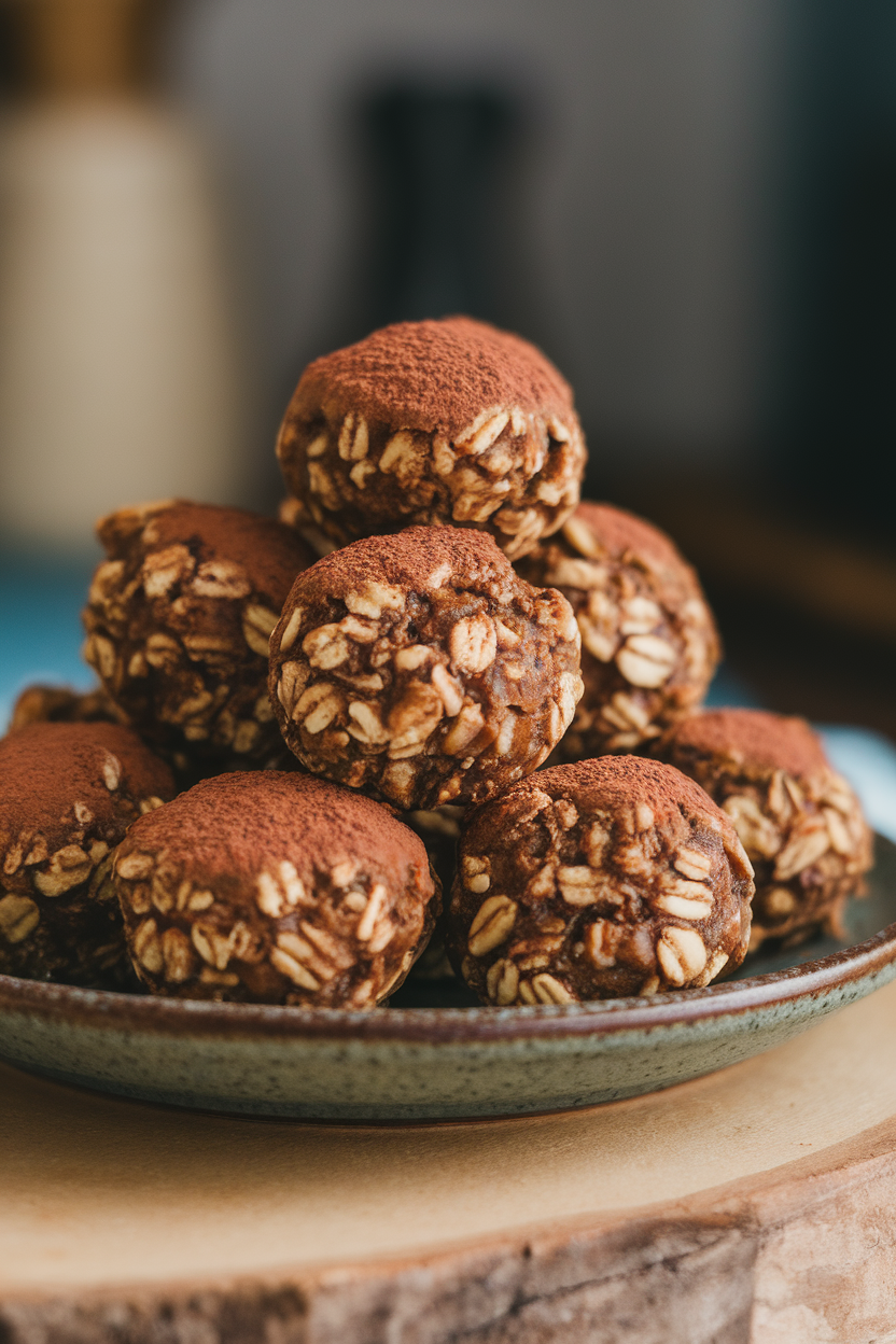 Photo of round peanut-butter oat energy bites stacked on a ceramic plate indoors. No text or logos. Photo, not illustration.