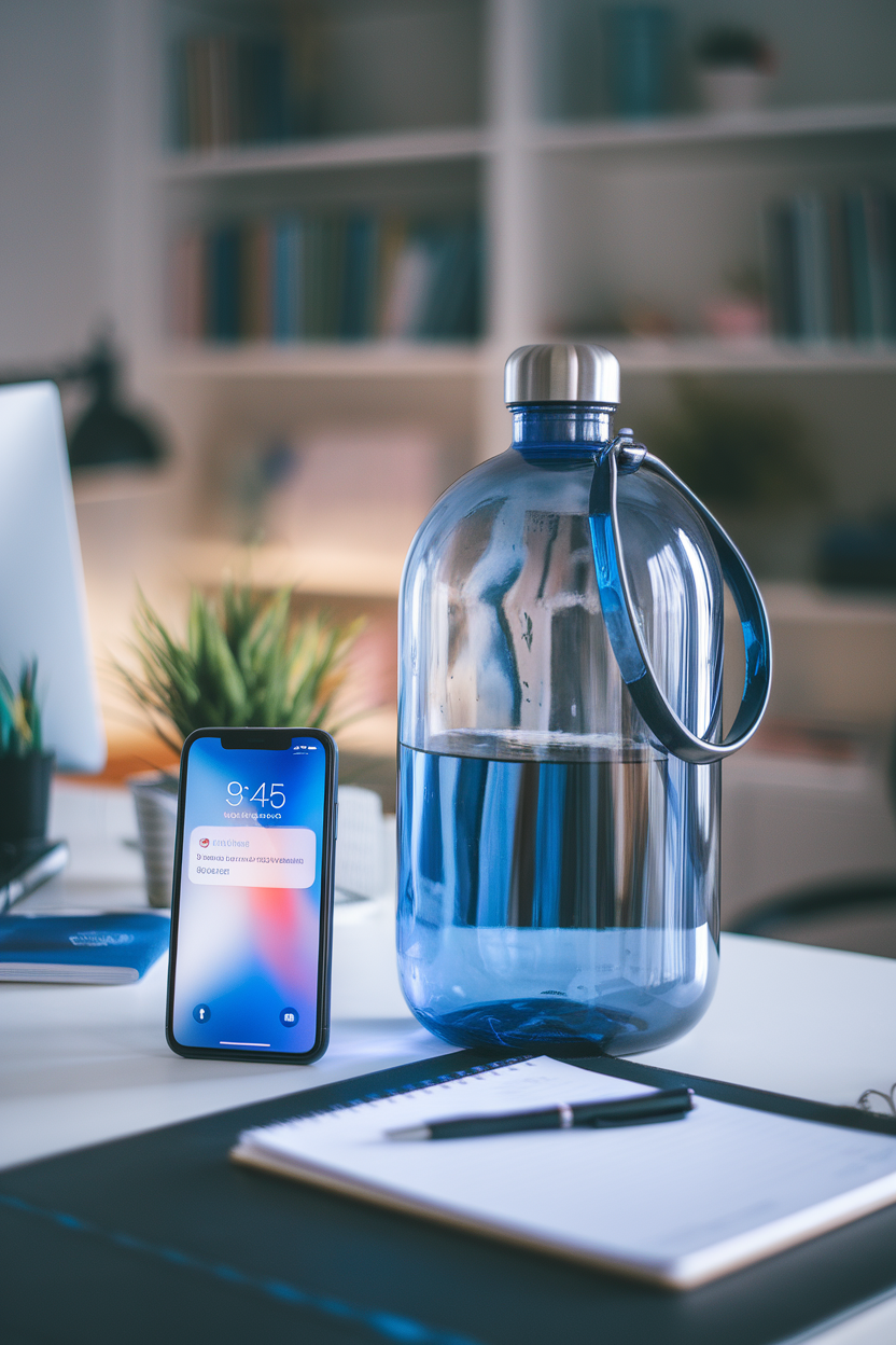 A smartphone on an office desk displaying a water-intake reminder next to a large refillable bottle. No logos or text on bottle. Photo.