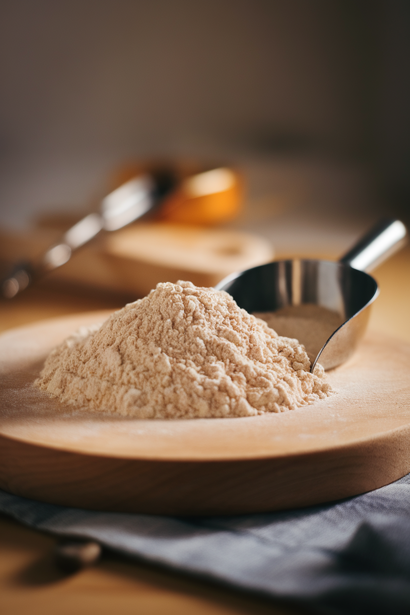 Indoor photo of whole-wheat flour mounded on a wooden board with a metal scoop; soft bake-shop lighting, no text or logos