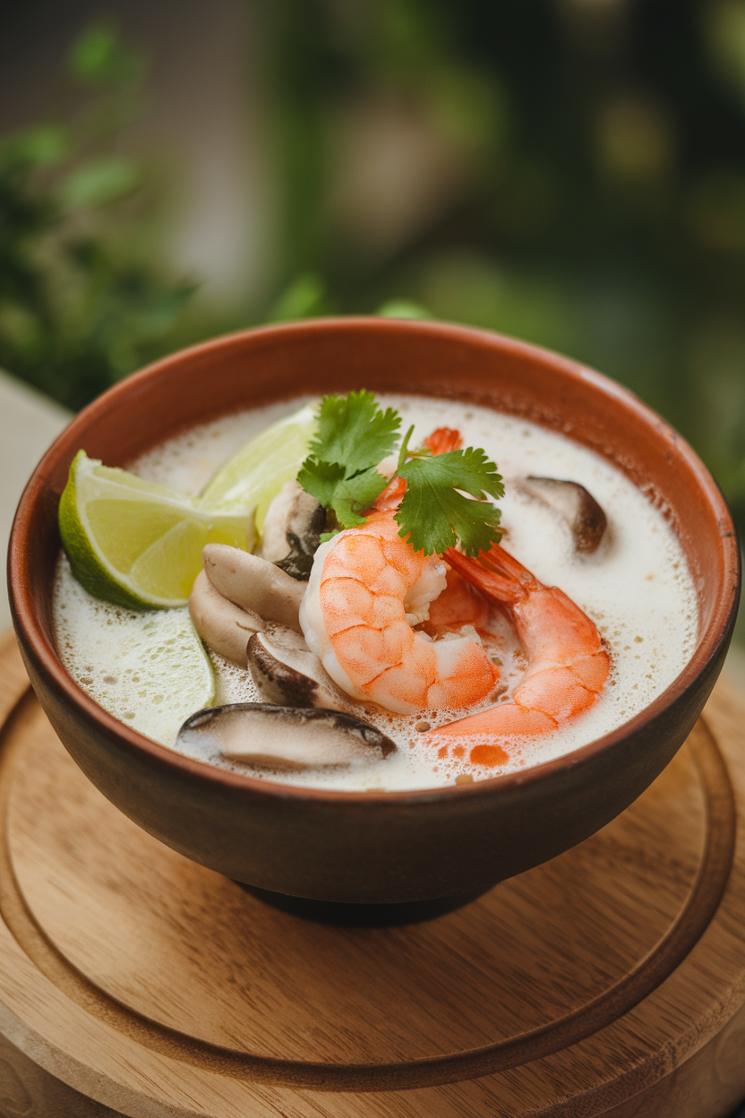 Indoor soup bowl photo of creamy coconut broth with cooked shrimp, mushrooms, and lime wedges; gentle side light, no text or logos.