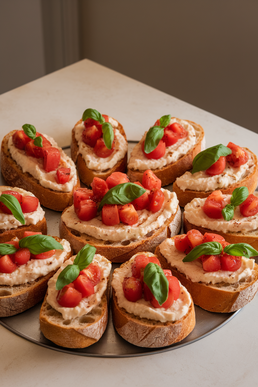Indoor platter of toasted baguette slices topped with mashed white beans, diced tomatoes, and fresh basil ribbons. No text or logos present.