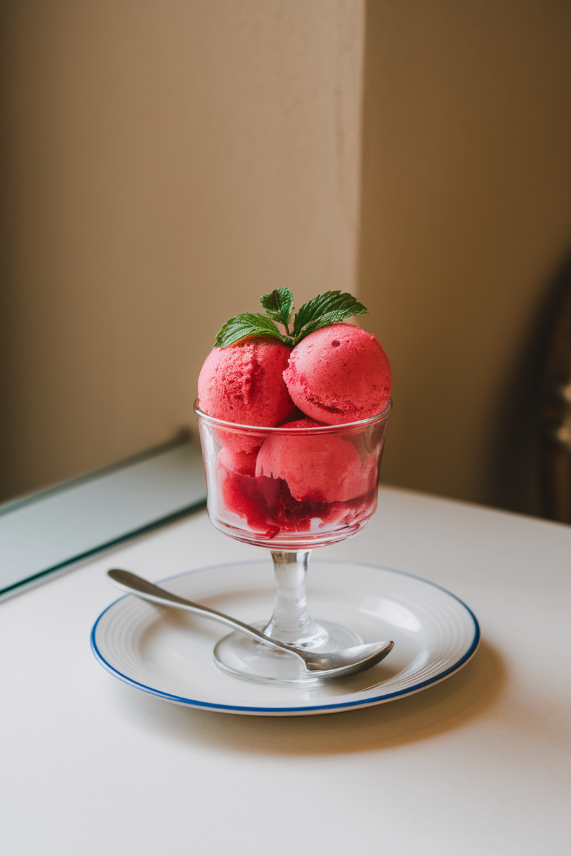 Indoor photo of a small glass cup holding bright pink cranberry sorbet with a mint leaf, no text or logos