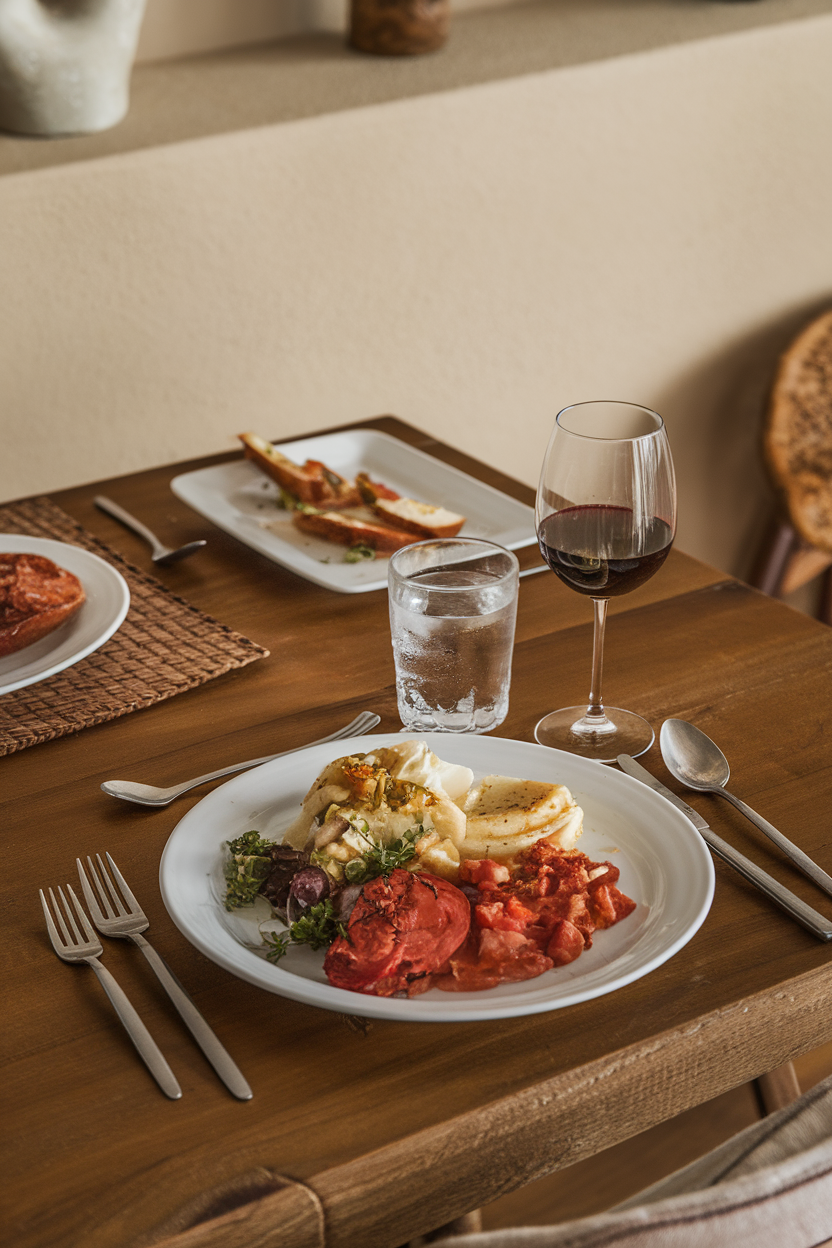 Photo of an indoor dinner table with a single glass of red wine beside a Mediterranean-style meal, water glass prominently placed. No text or logos.
