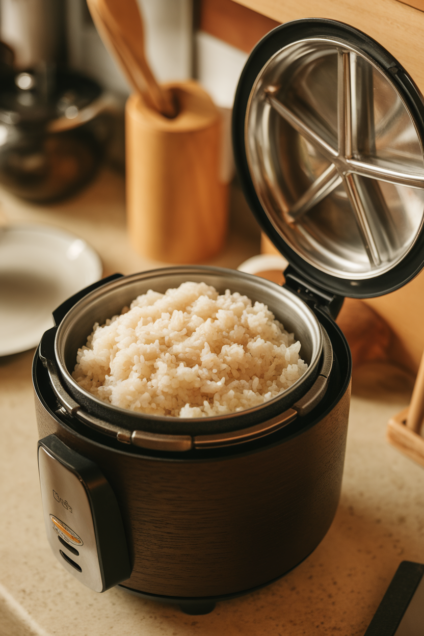 A rice cooker on an indoor counter with freshly cooked fluffy brown rice, lid propped open, no text or logos.