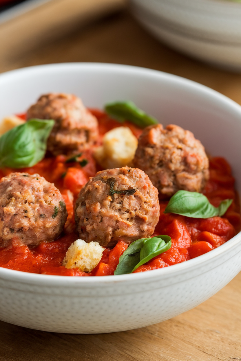 Indoor close-up of small turkey meatballs in a chunky tomato-basil sauce, served in a shallow white bowl. No text or logos included.