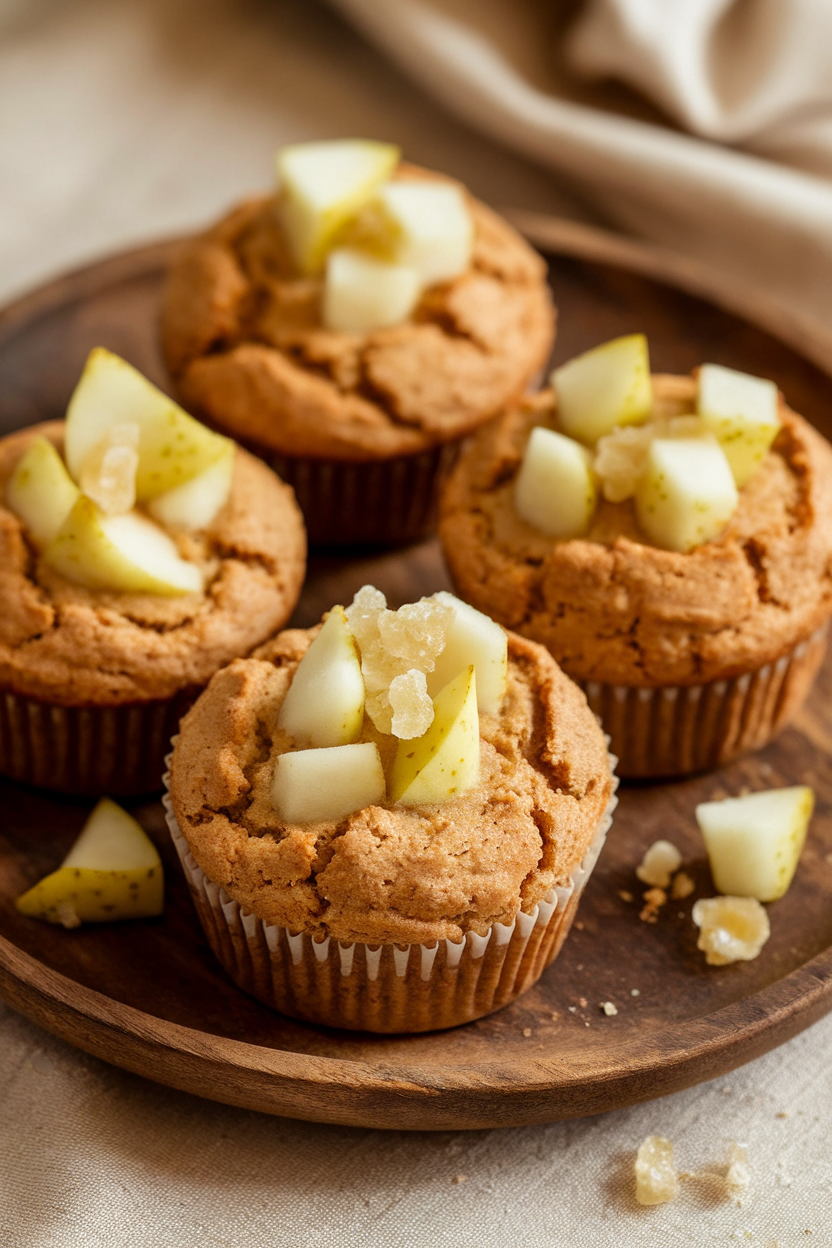 Indoor photo of spelt flour muffins with diced pear pieces and crystallized ginger bits on a rustic plate, no text or logos
