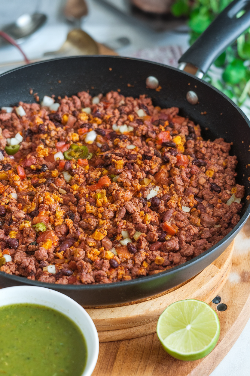 Taco filling mixture of ground beef and black beans sizzling in a skillet, indoor photo, no text or logos