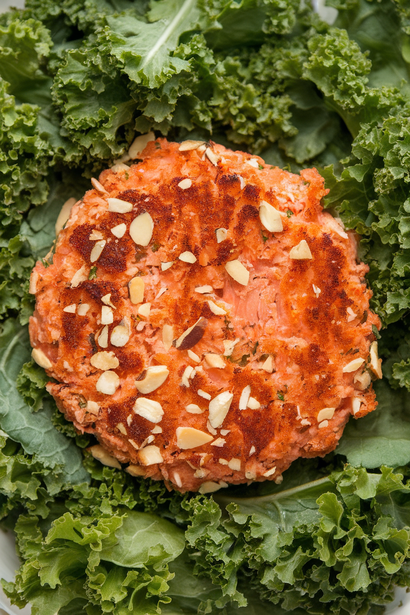 Photo of a salmon patty coated in crushed almonds, sitting on a bed of baby kale indoors; no text or logos; photo, not illustration