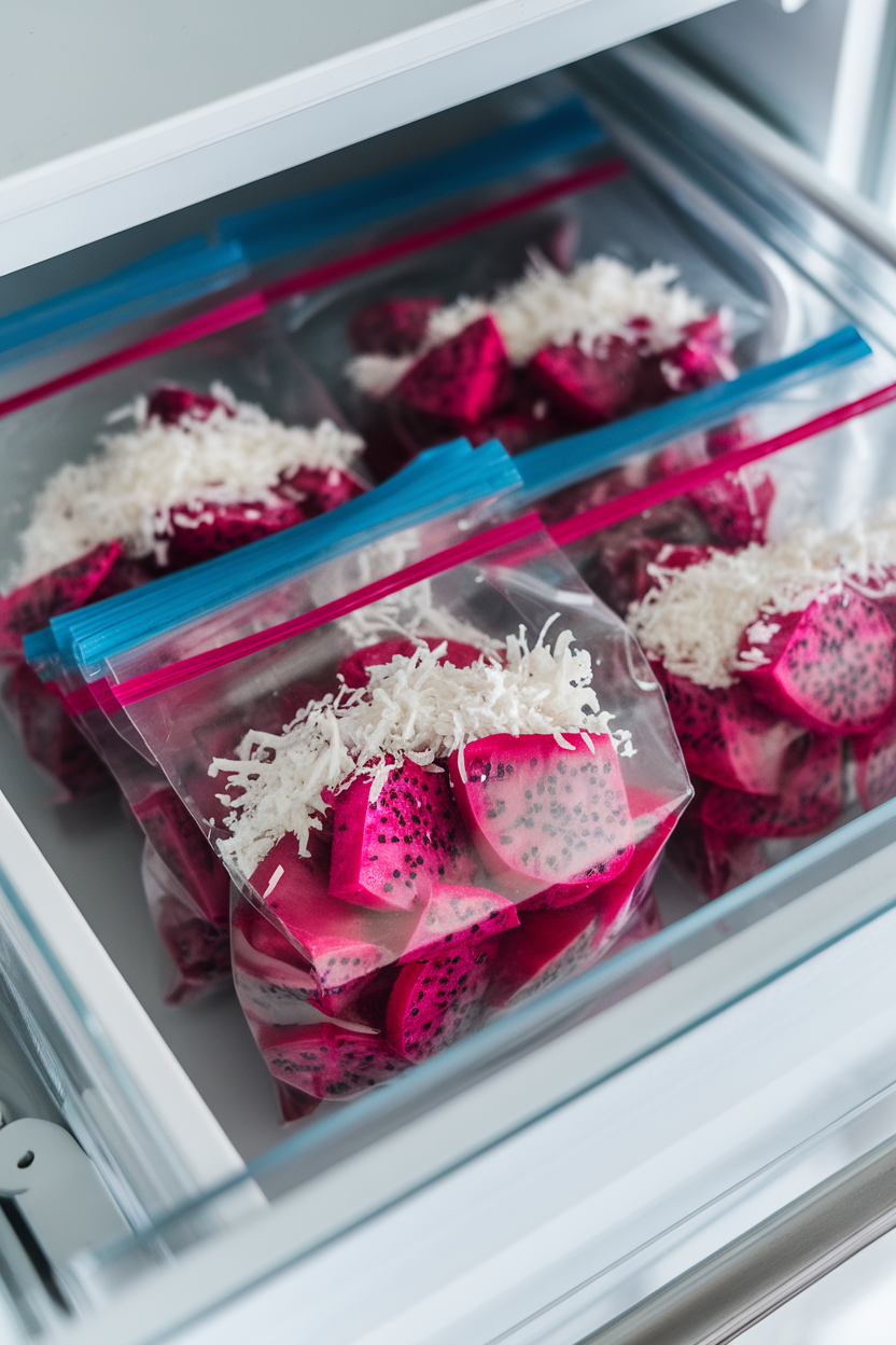 An indoor freezer drawer with bright pink dragon fruit cubes and shredded coconut portioned in clear bags; no text or logos.
