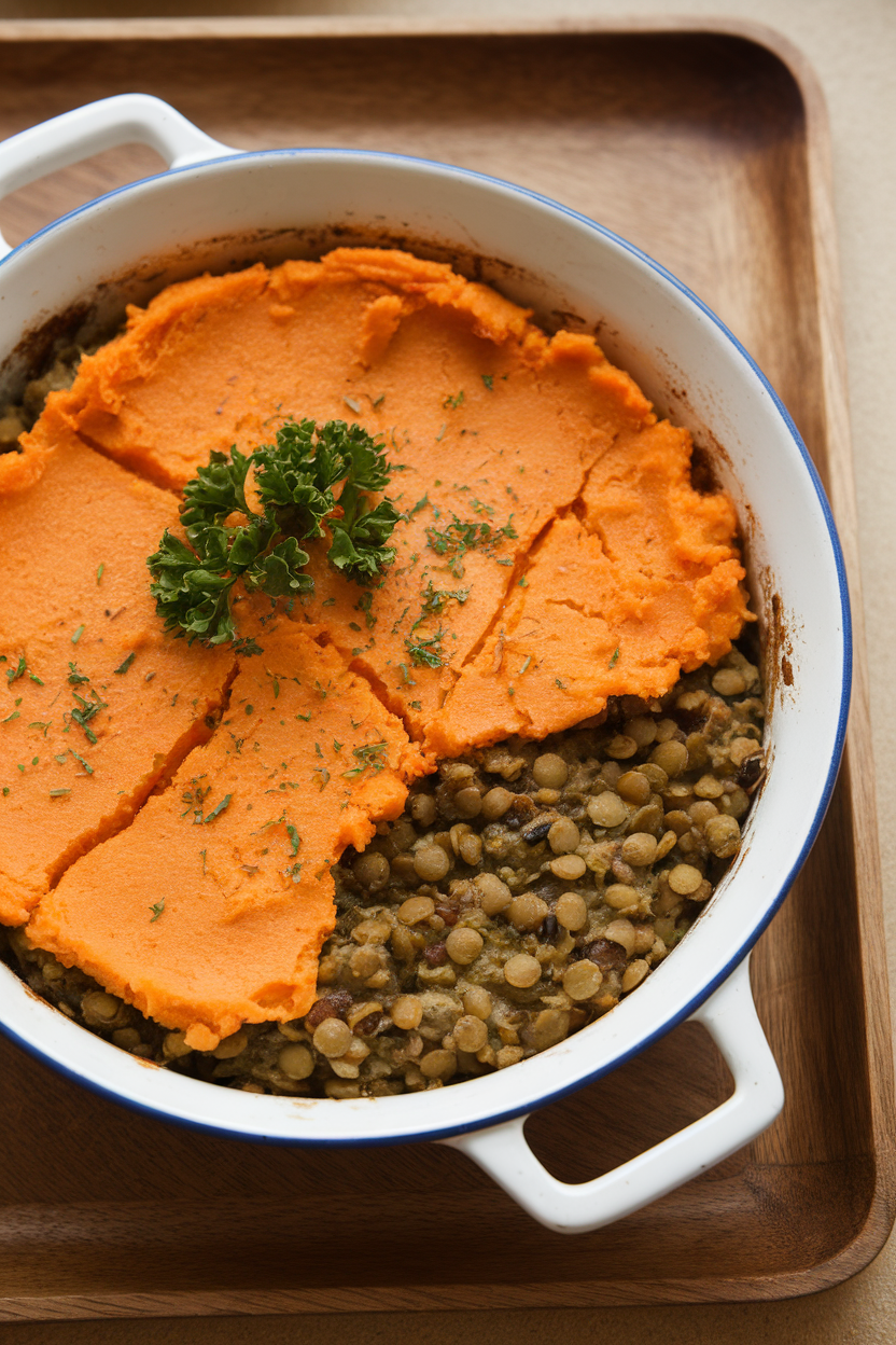 An indoor casserole dish with a golden mashed sweet potato topping slightly cracked, revealing a green lentil and vegetable filling beneath. No text or logos.