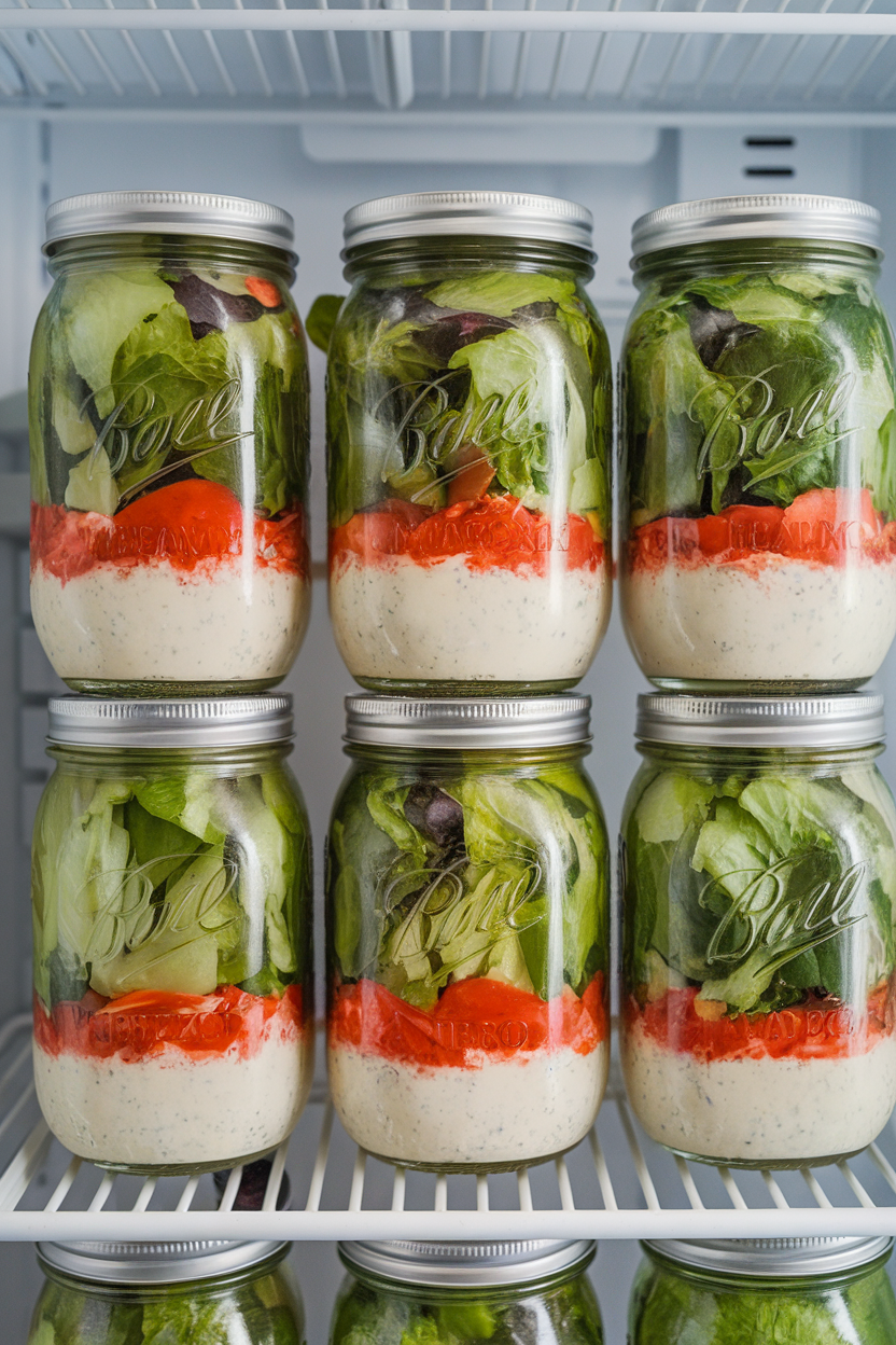 An indoor refrigerator shelf with several mason jars stacked with vibrant salad layers—dressing on bottom, greens on top—no logos.