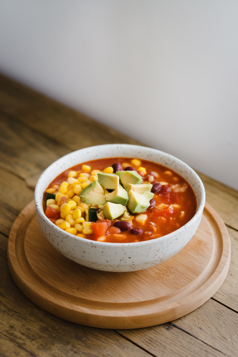 An indoor soup bowl filled with turkey taco soup featuring corn, zucchini, beans, and tomatoes, topped with avocado chunks. No text or logos present. Photo.