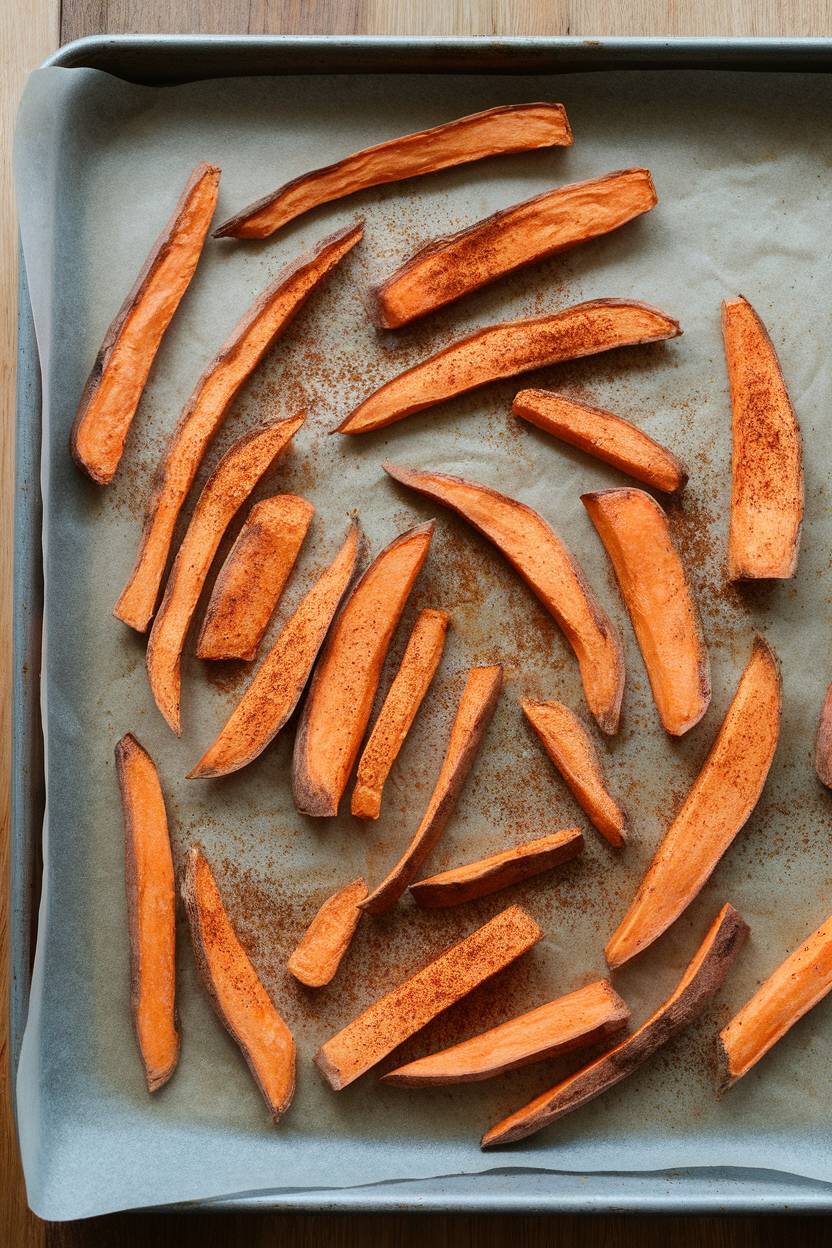 An indoor baking sheet lined with parchment holding crispy baked sweet potato fries dusted with paprika, no text or logos. Photo only.