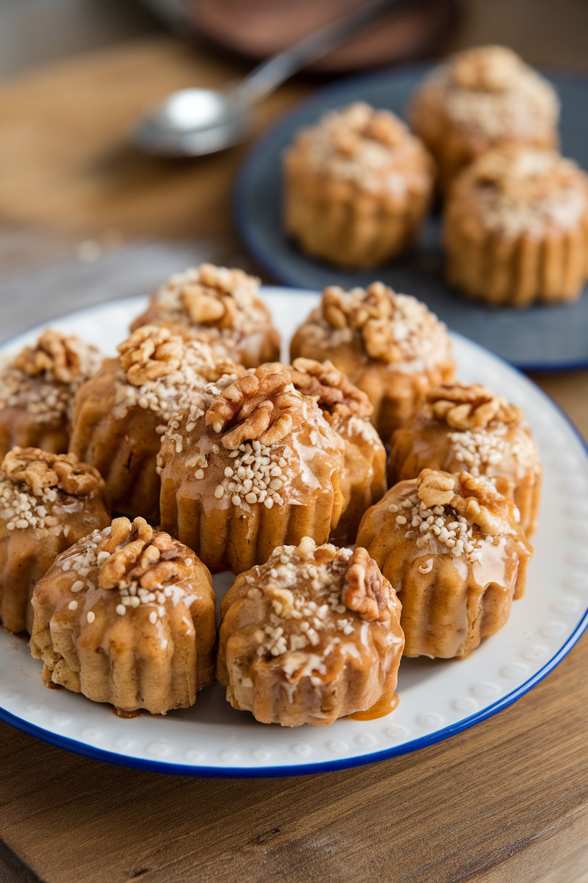 An indoor plate of melomakarona cookies glazed with honey and sprinkled with sesame seeds and walnut crumbs; no text or logos.