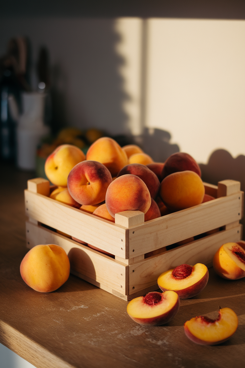Photo of an indoor countertop holding a wooden crate filled with ripe summer peaches, soft natural light, no text or logos.