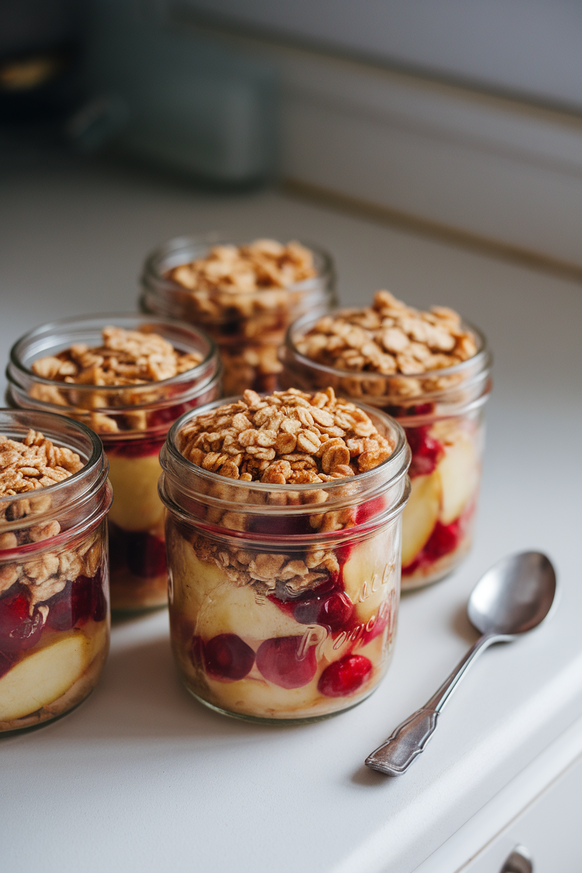 Individual mason jars on an indoor countertop filled with warm cranberry apple crumble, golden oat topping visible, small spoon alongside. Photo, no text or logos.