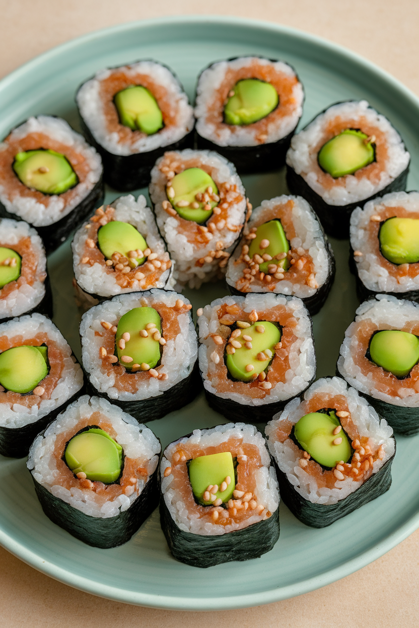 An indoor plate of small sushi rolls filled with brown rice, avocado, and bright green edamame; no logos or text present.