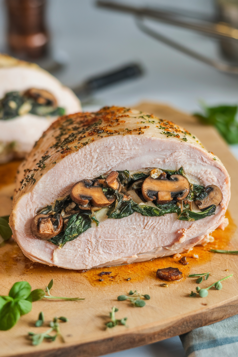 Indoor carving board with a sliced chicken breast revealing a filling of sautéed mushrooms and spinach, herbs scattered around. No logos or text; photo only.