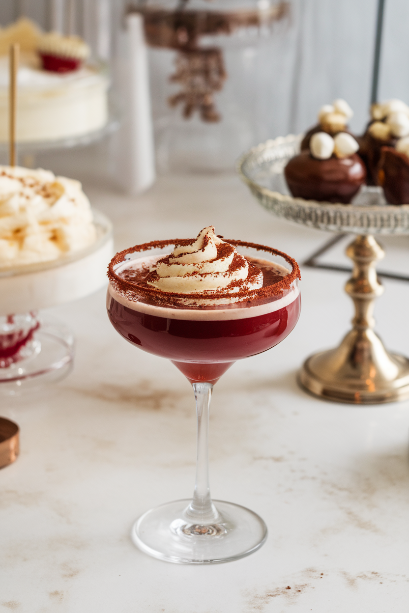 Indoor dessert bar showcasing a martini glass of deep crimson hot-chocolate cocktail, cream swirl on top, cocoa dusted rim. No text or logos; photograph, not illustration.