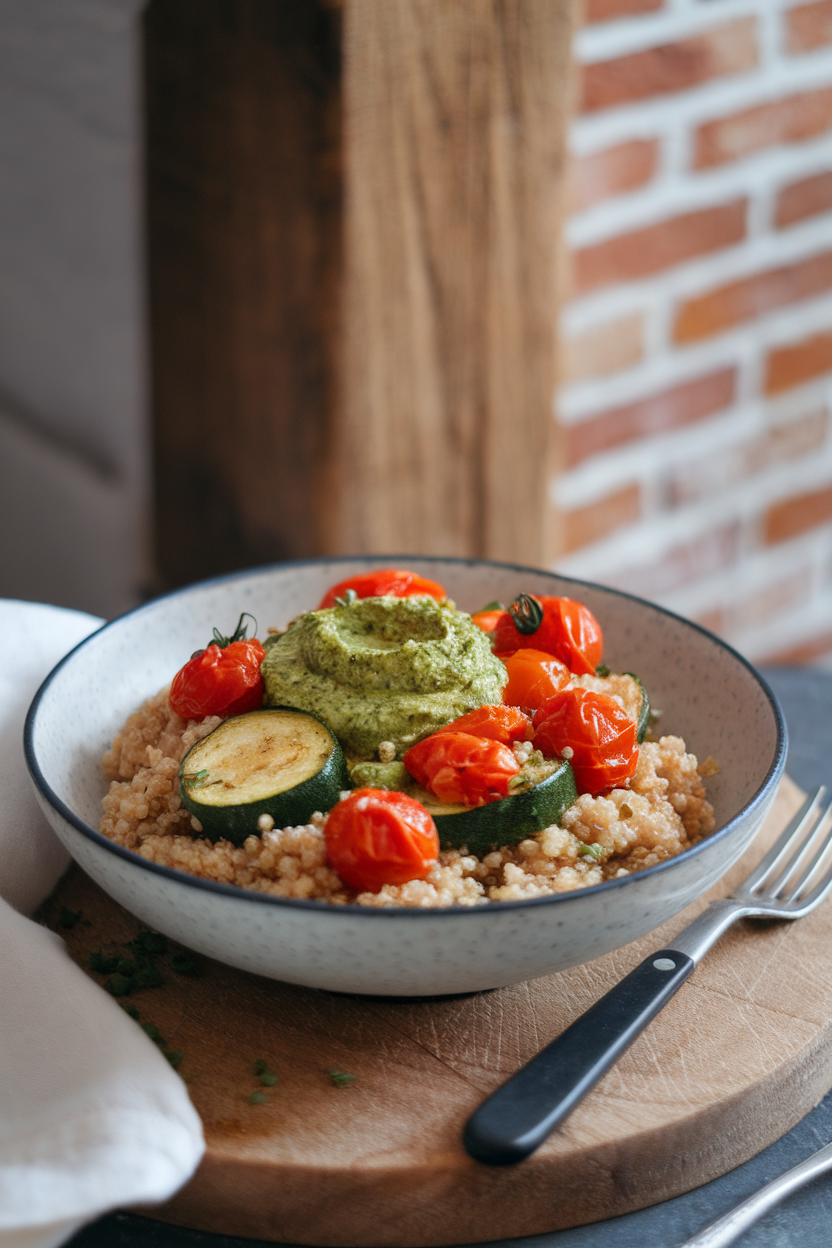 Photo of a bowl of fluffy quinoa topped with roasted zucchini, cherry tomatoes, and a dollop of green pesto. Indoor lunch scene, no text or logos.</Prompt