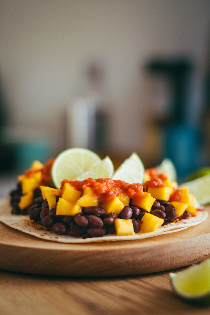 Photo of tortillas stuffed with black beans and diced mango, topped with mild red sauce and lime wedges, shot indoors, no text or logos.