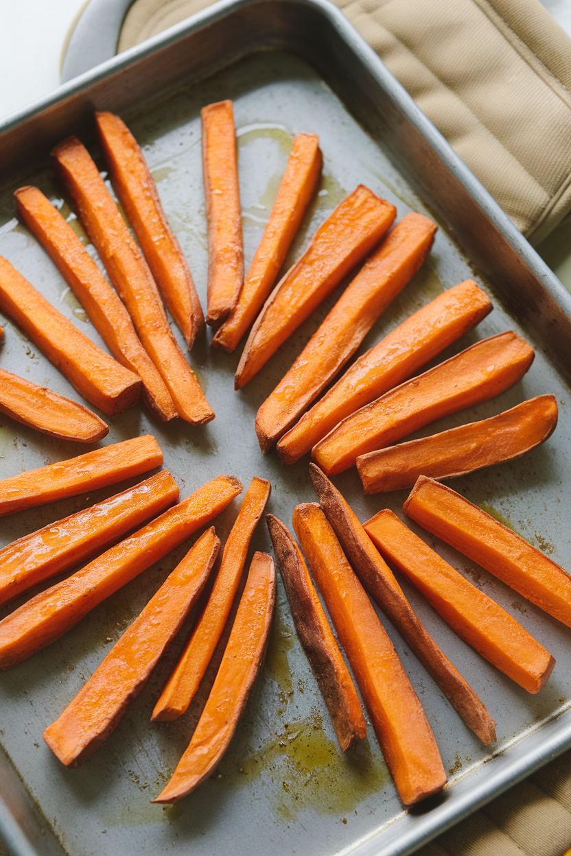 An indoor oven tray of roasted sweet potato fries glistening with olive oil—photo, no text or logos.
