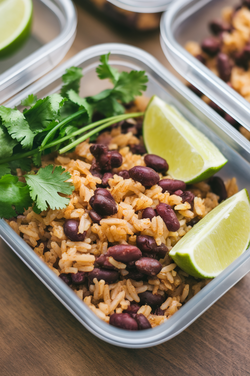 Indoor meal prep container showing brown rice mixed with black beans, cilantro, and lime wedges on the side. No text or logos visible.
