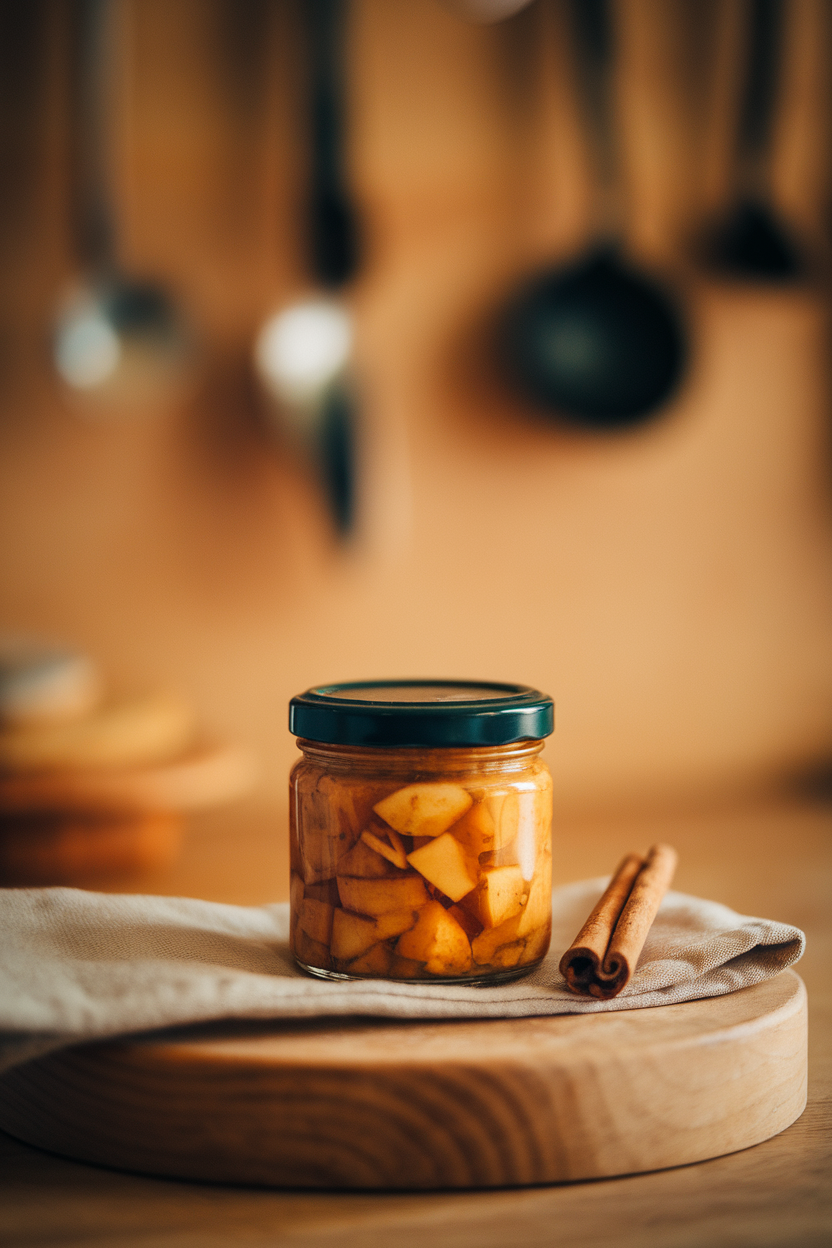 Indoor photo of a small jar of chunky pear chutney with cinnamon stick beside it, no text or logos.