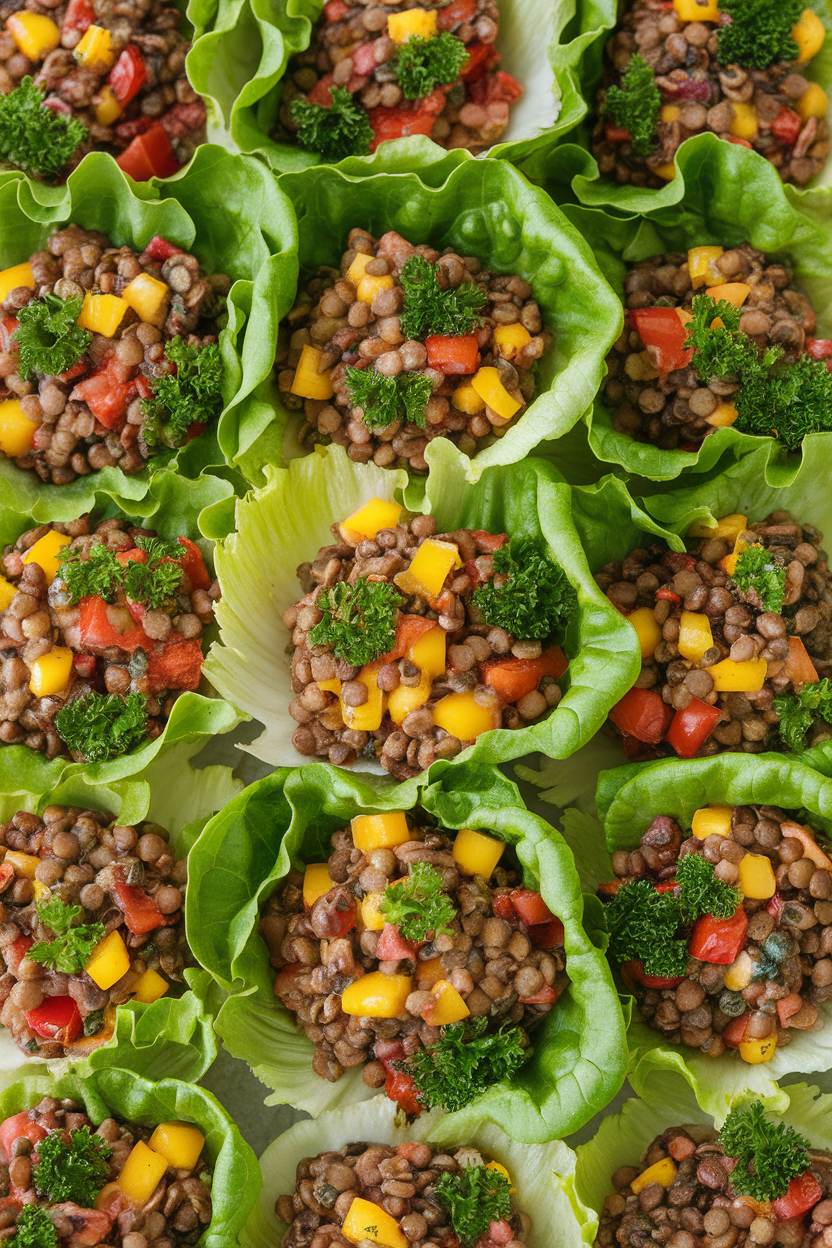 Indoor photo of butter lettuce leaves filled with colorful lentil salad featuring diced bell pepper and parsley, arranged in rows. No text or logos.