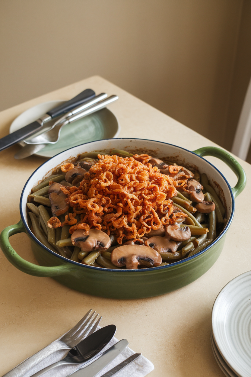 Indoor dining table displaying a casserole of green beans smothered in mushroom sauce and topped with crispy fried onions. No text or logos. Photo only.