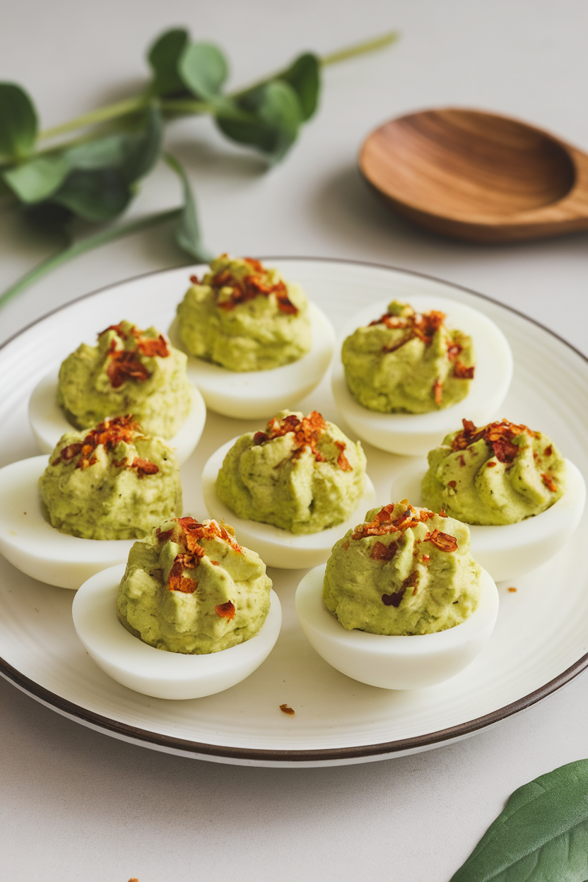 A white indoor serving plate showcasing halved hard-boiled eggs filled with creamy green avocado yolk mixture, topped with chili flakes—photo, no text or logos.