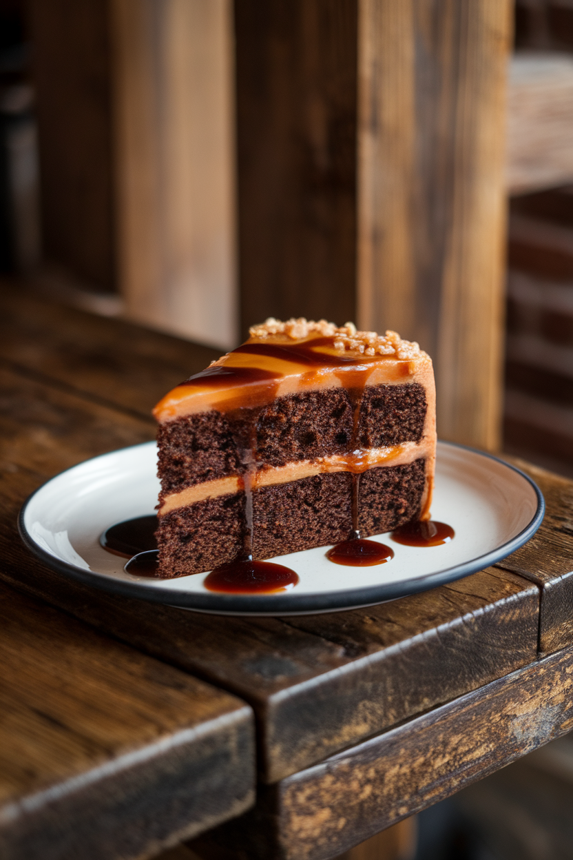 An indoor pub-style wooden table with a slice of dark stout cake, salted caramel frosting, and a drizzle of stout reduction. No text or logos. Photo, not illustration.