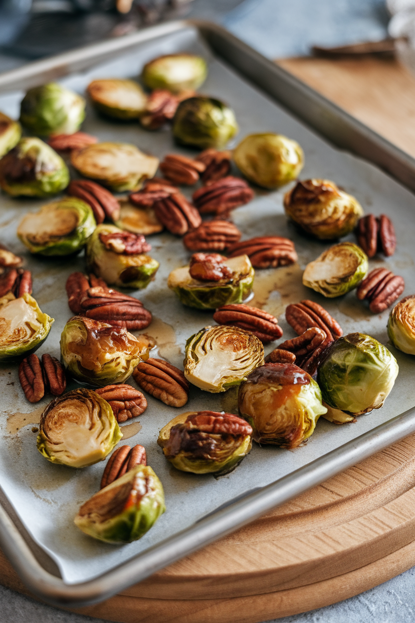 An indoor baking sheet with caramelized Brussels sprouts halves dotted with toasted pecans, a maple glaze visible. No logos or text present. Photo only.